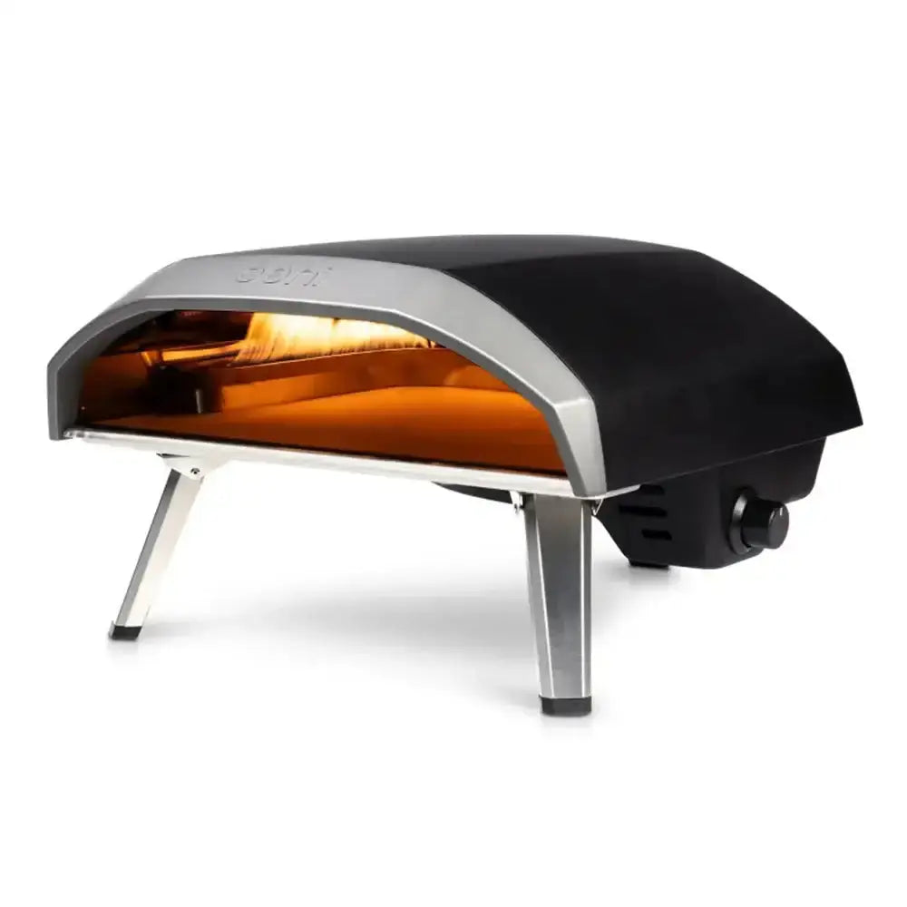 Black and silver outdoor pizza oven on a white background