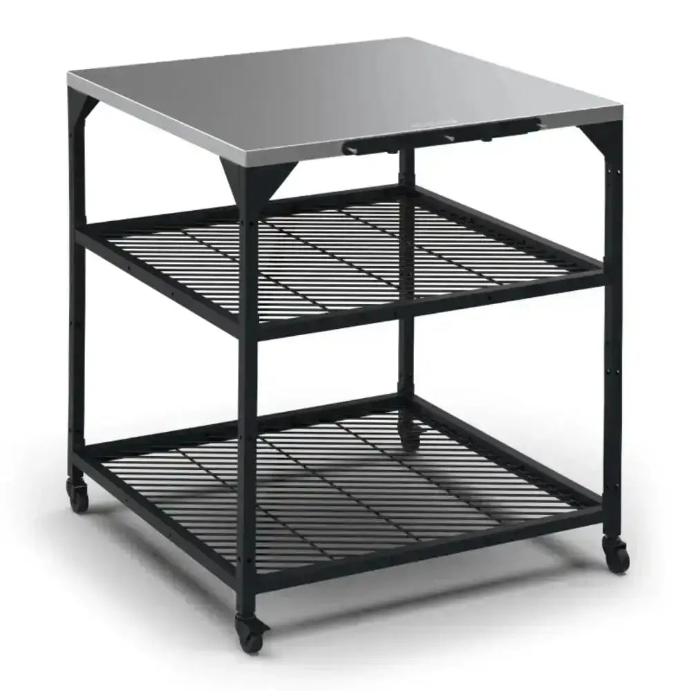 Metal rolling cart with a flat top and wire shelves on a white background