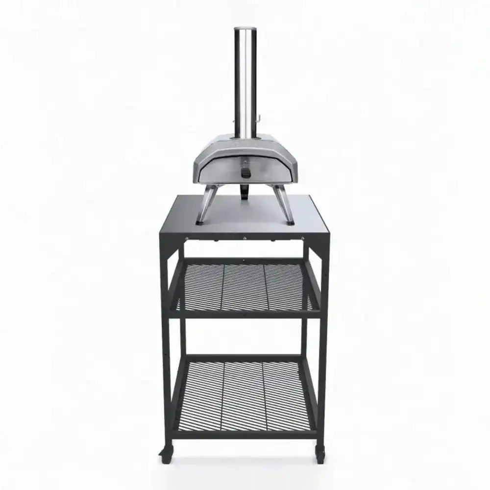 Portable pizza oven on a stand with shelves against a white background