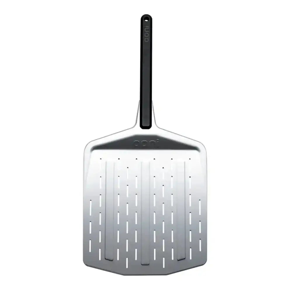 Metal pizza peel with a black handle on a white background
