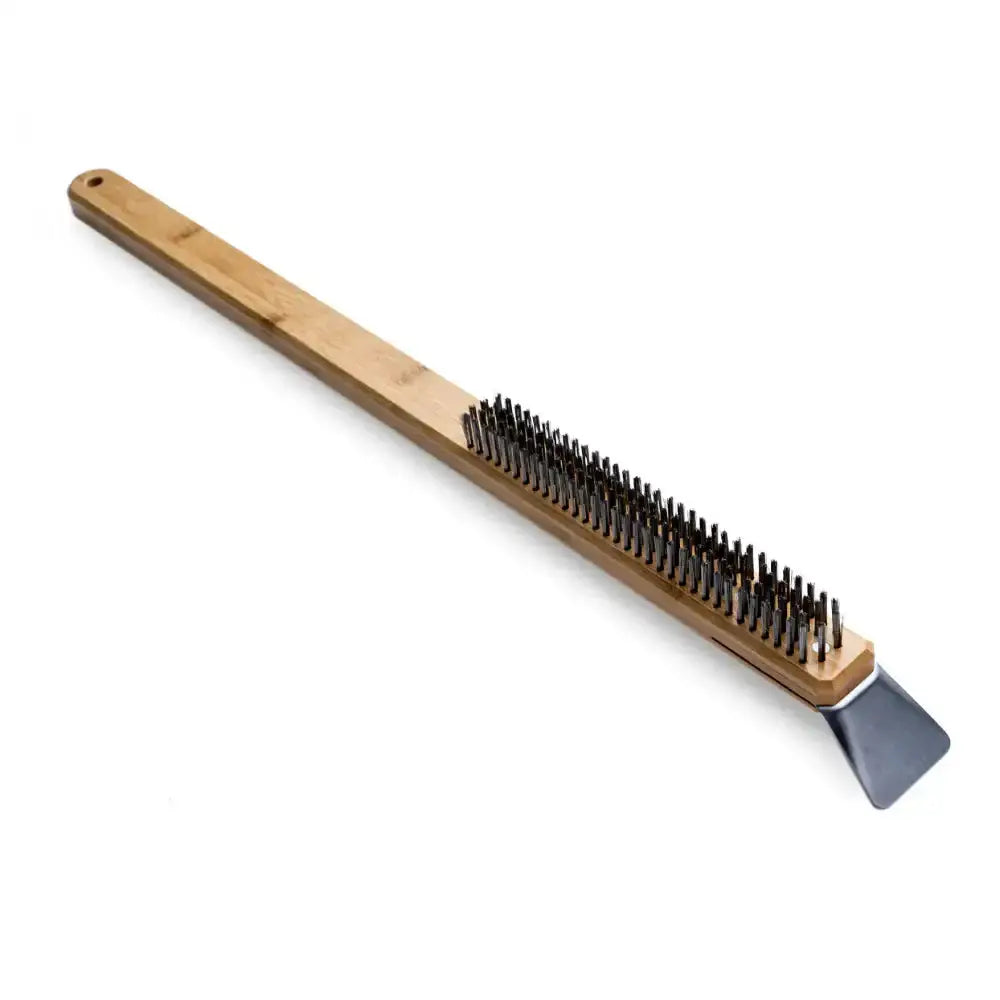Wooden brush with metal bristles and a metal head on a white background