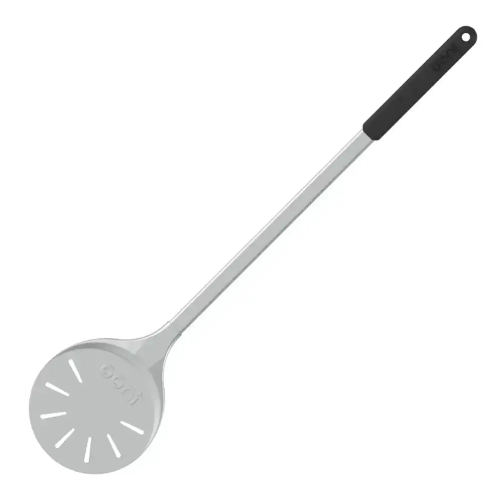 Long-handled pizza turning peel with black handle on a white background