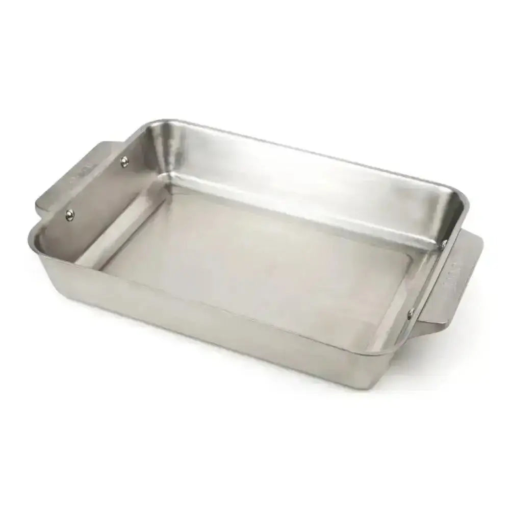 Stainless steel baking tray on a white background