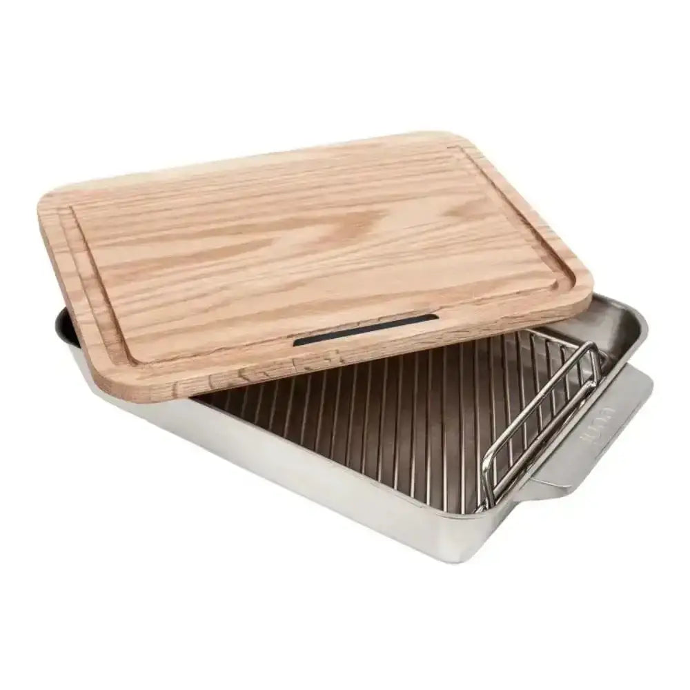 Rectangular grill pan with wooden lid on a white background
