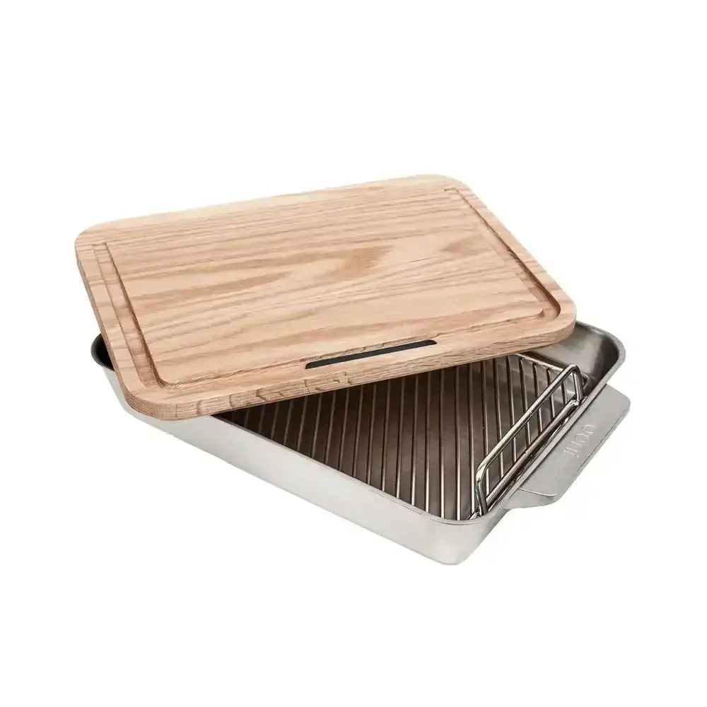 Rectangular grill with wooden lid on a white background