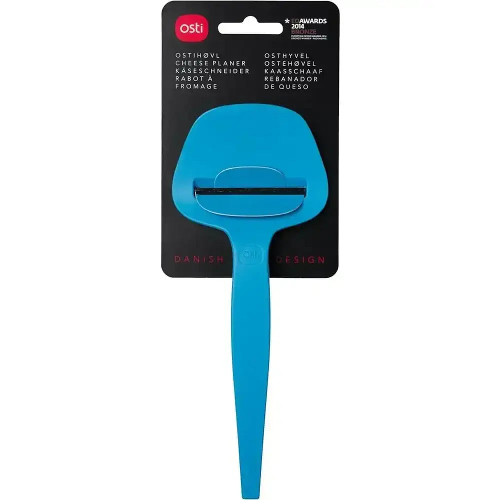 Bright blue plastic osti cheese planer slicer with sleek modern design and black metal blade for easy slicing