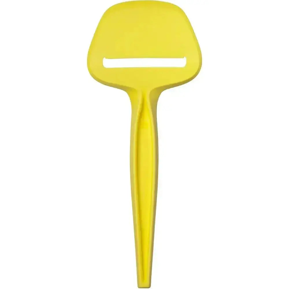 Yellow plastic tool with a flat head and handle on a white background