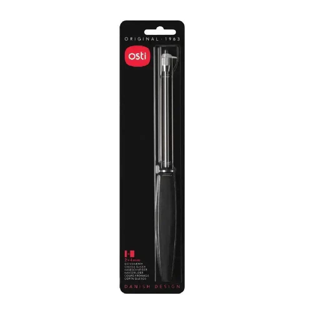 Black-handled stainless steel vegetable peeler in original osti packaging suitable for wire cheese slicing
