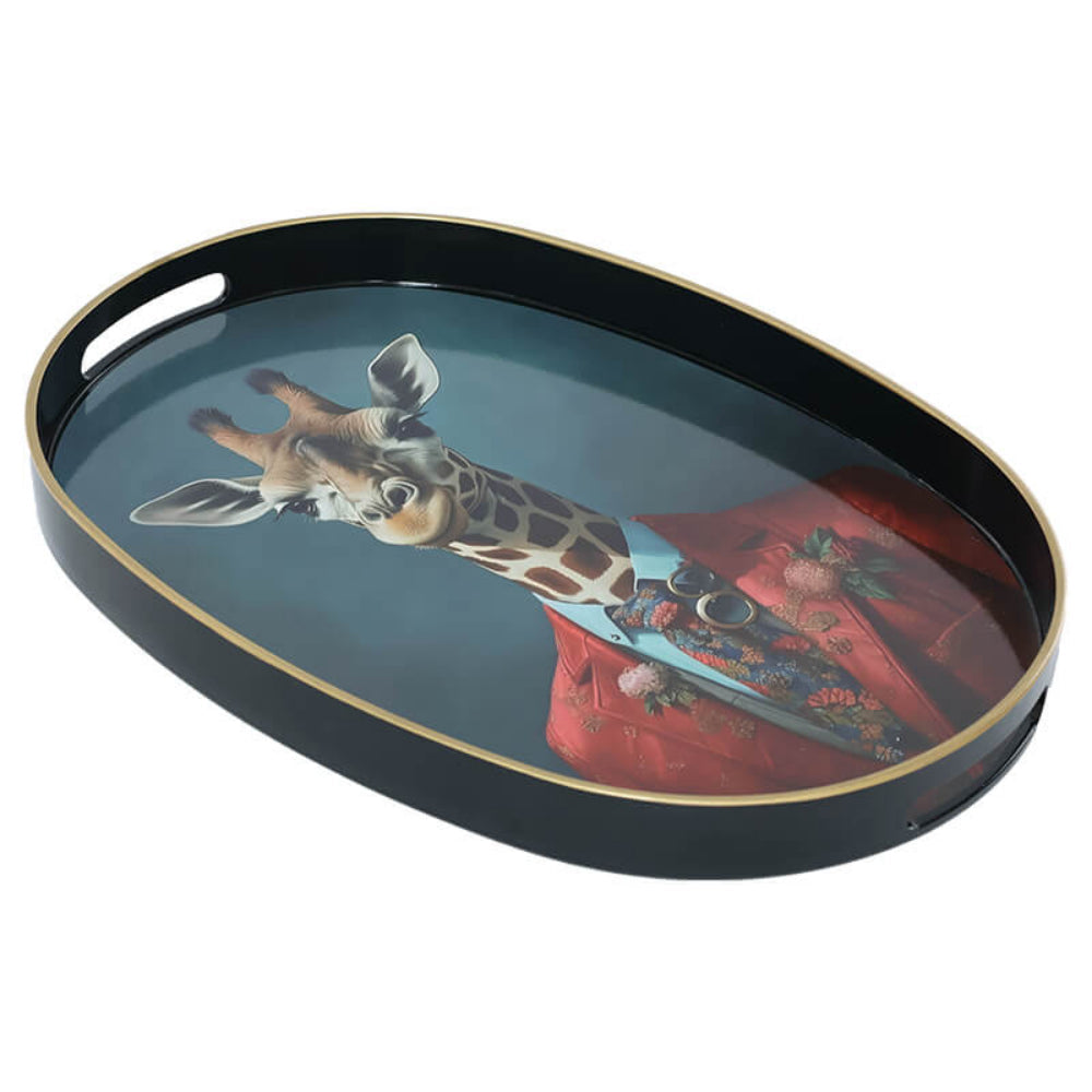 Decorative tray with a giraffe and portrait design on a white background