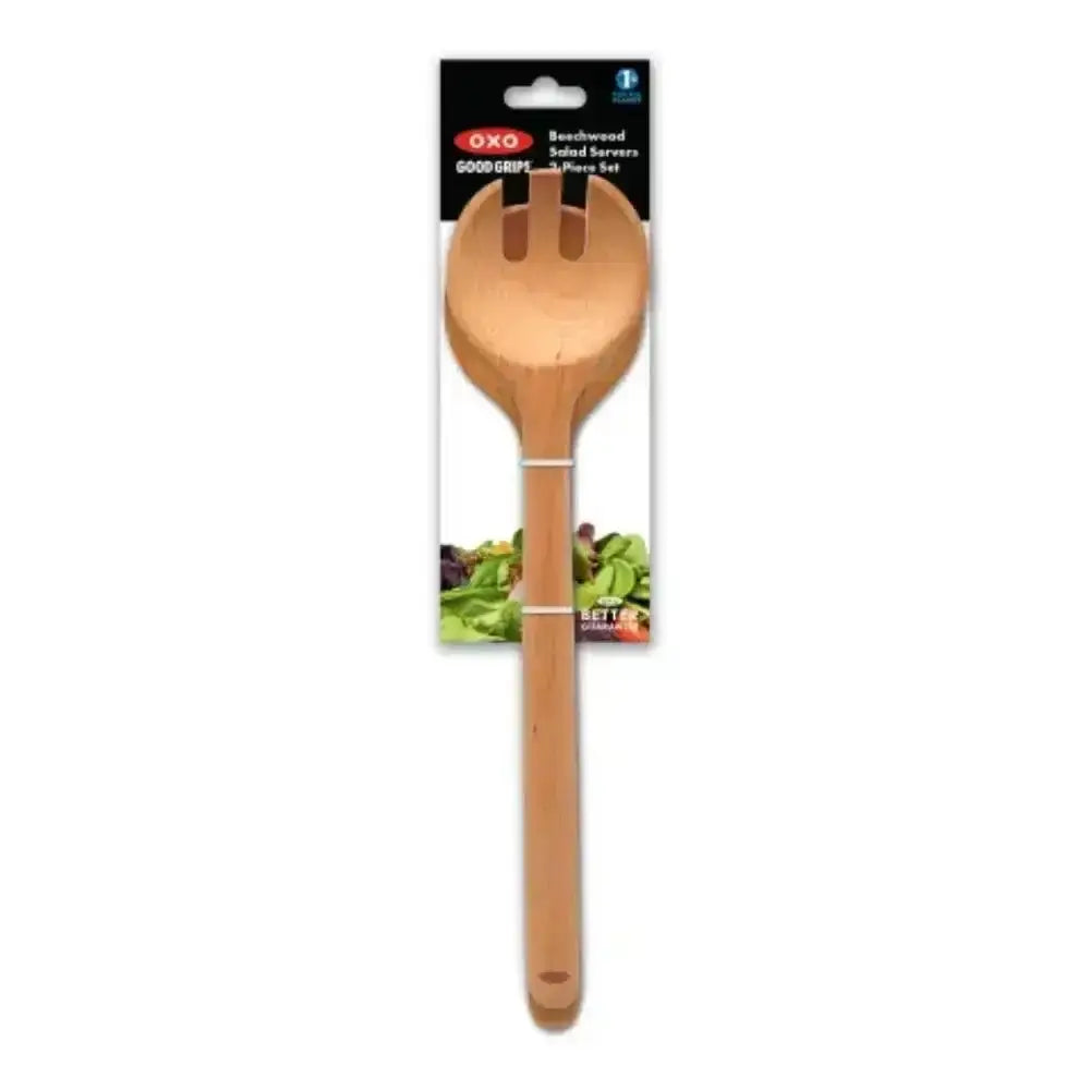 Oxo beechwood salad server set 2pc light brown hardwood servers with forked end and smooth ergonomic handle