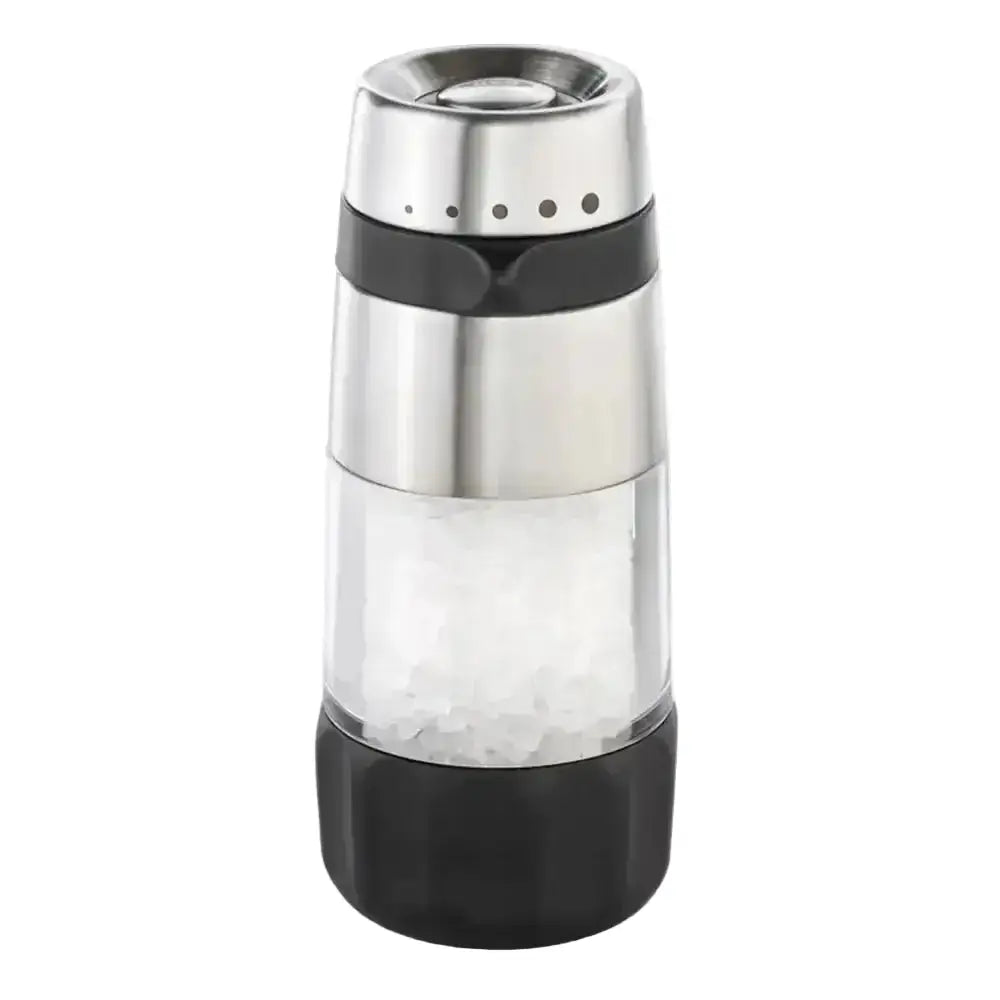 Black and silver salt grinder on a white background