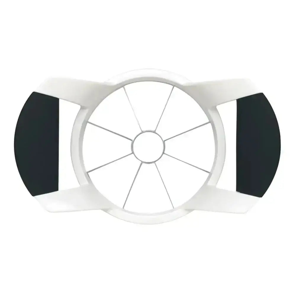 White apple peeler with black handles on a white background