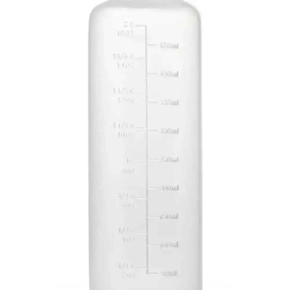 White plastic bottle with measurement markings on a white background