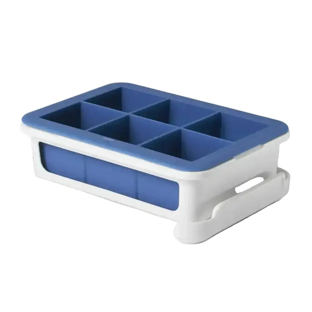 Blue and white silicone ice cube tray on a white background