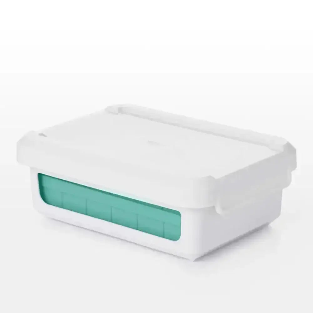 White rectangular container with a green window on a white background