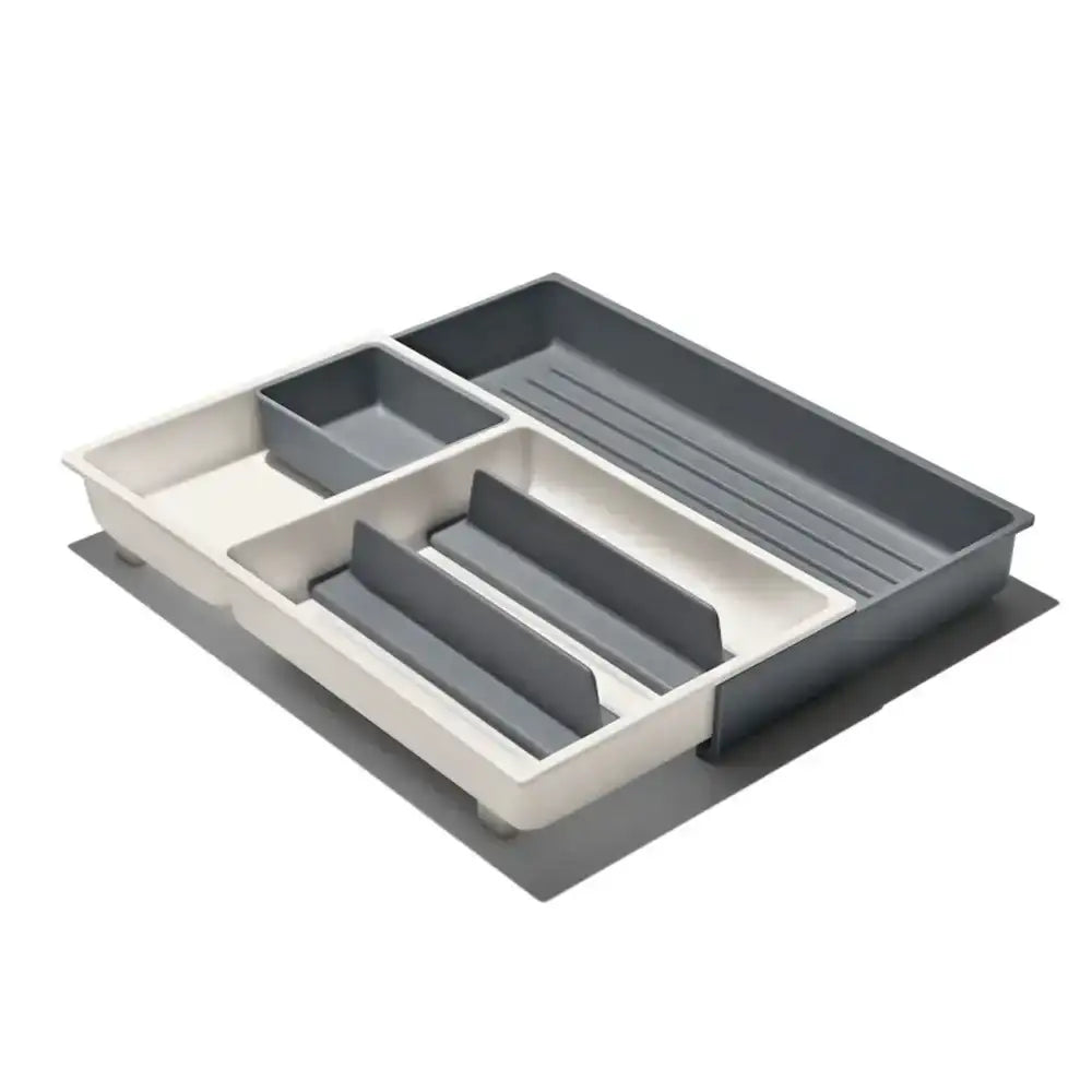 Gray and beige kitchen drawer organizer on a white background