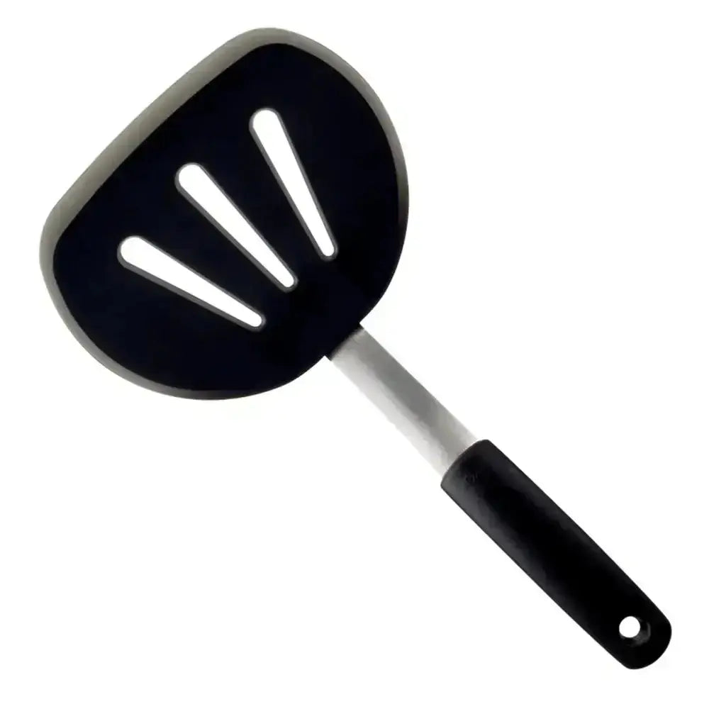 Black spatula with a handle on a white background