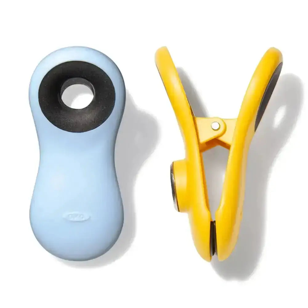 Blue and yellow clips on a white background