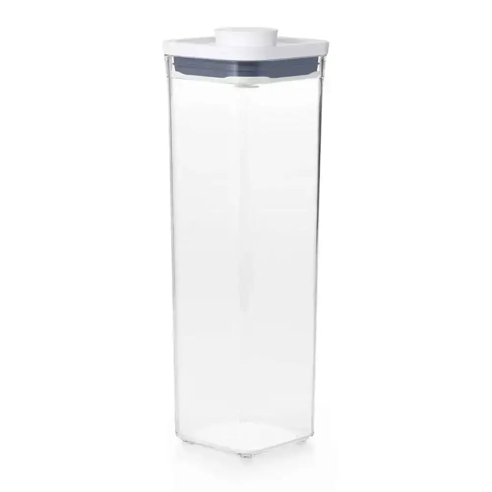 Clear plastic container with a white lid on a white background