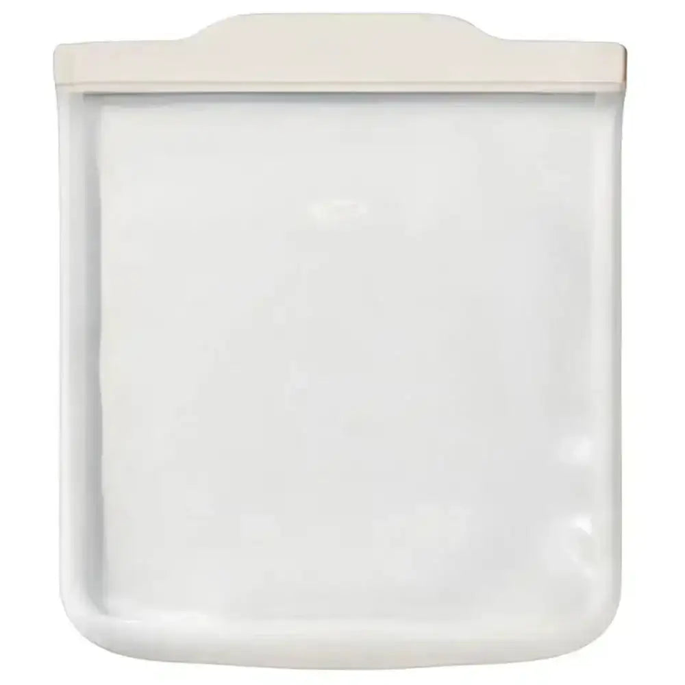 White rectangular plastic oxo good grips silicone flat reusable food storage bag with beige sealing strip 1.8l