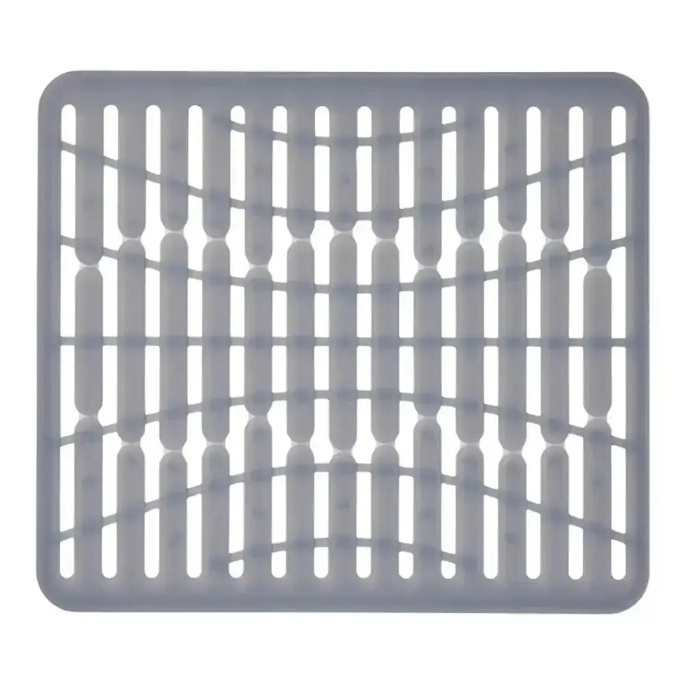 Gray silicone drain mat with grid pattern on a white background