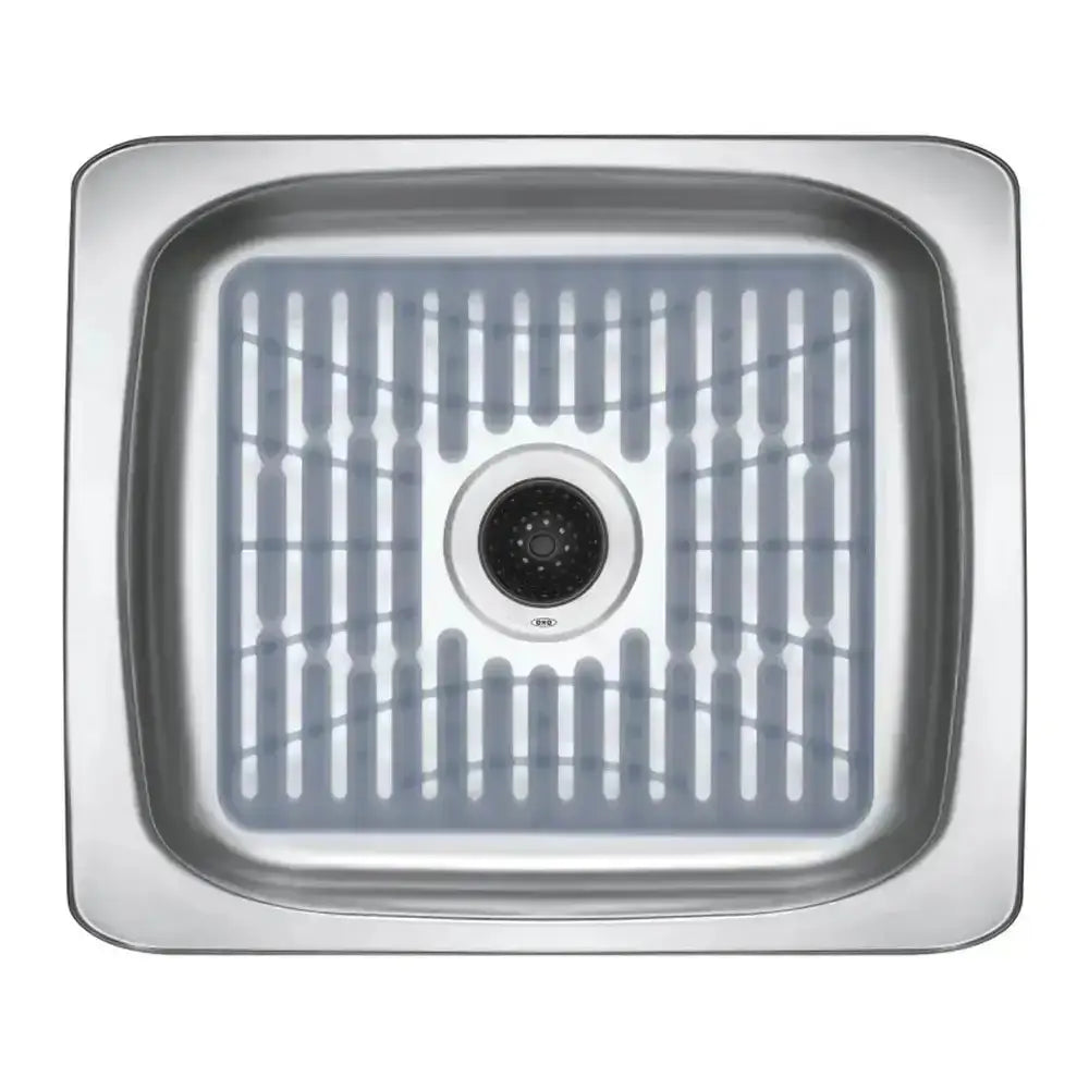Stainless steel kitchen sink with grid pattern on a white background