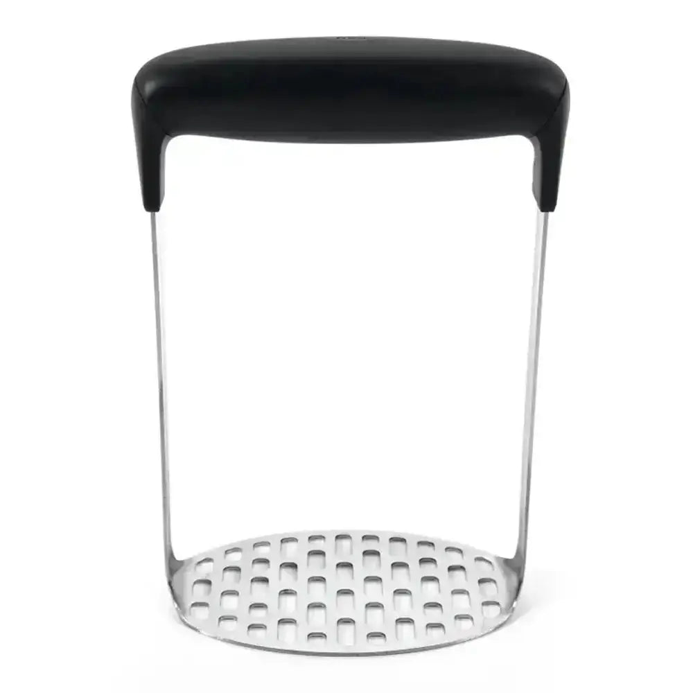 Metal potato masher with a black handle on a white background