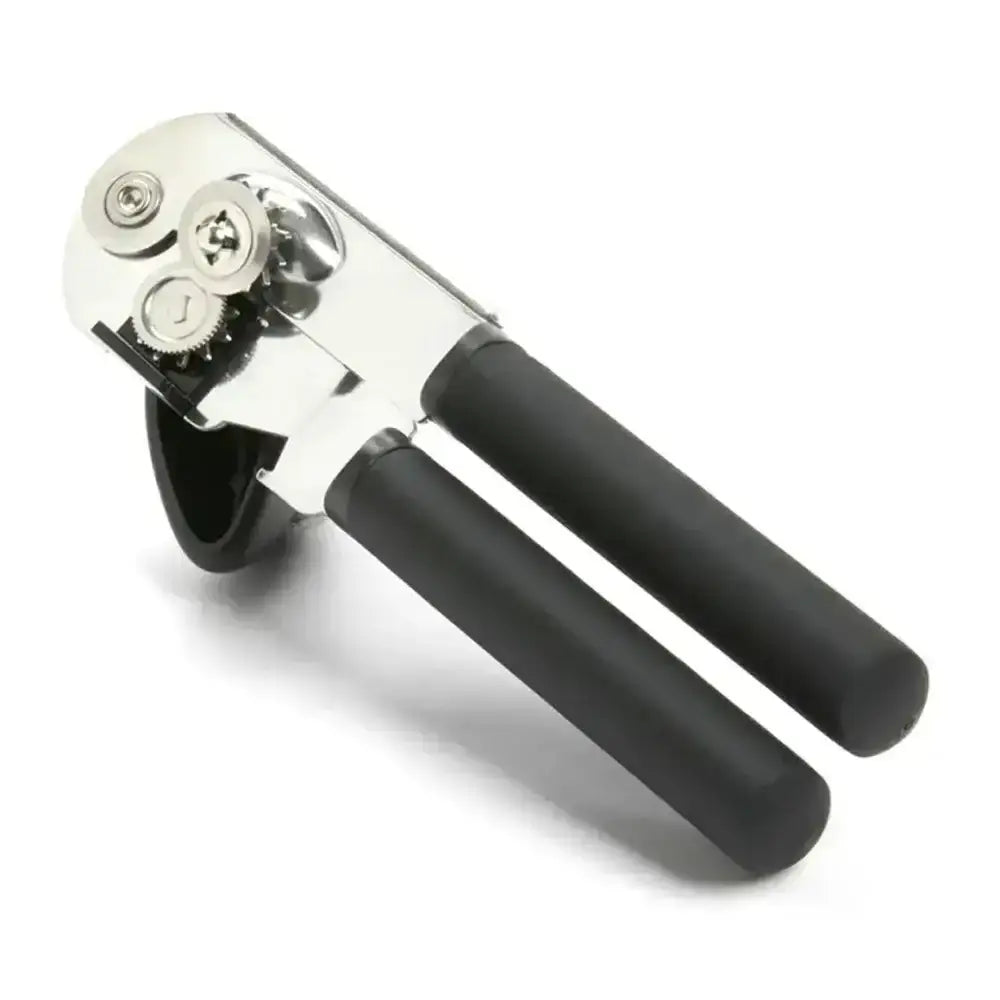 Oxo soft handle can opener with black handles on a white background
