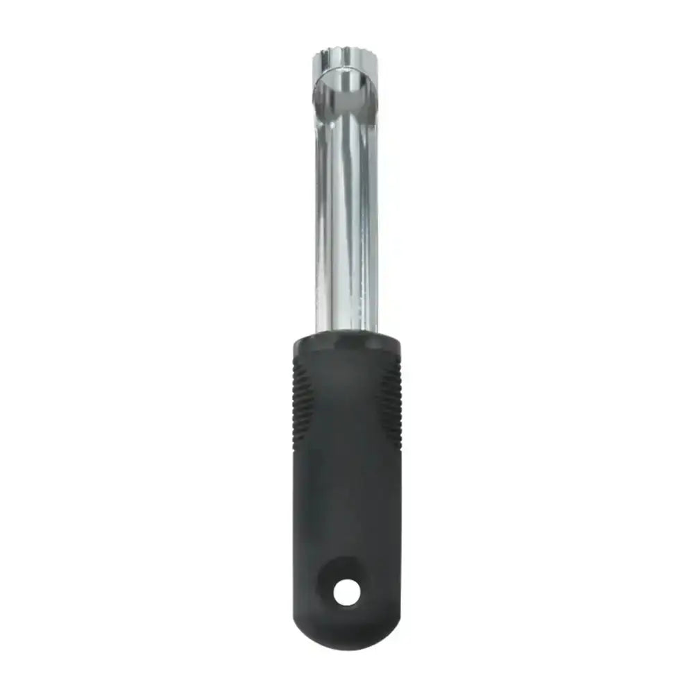 Peeler with black handle and chrome blade on a white background