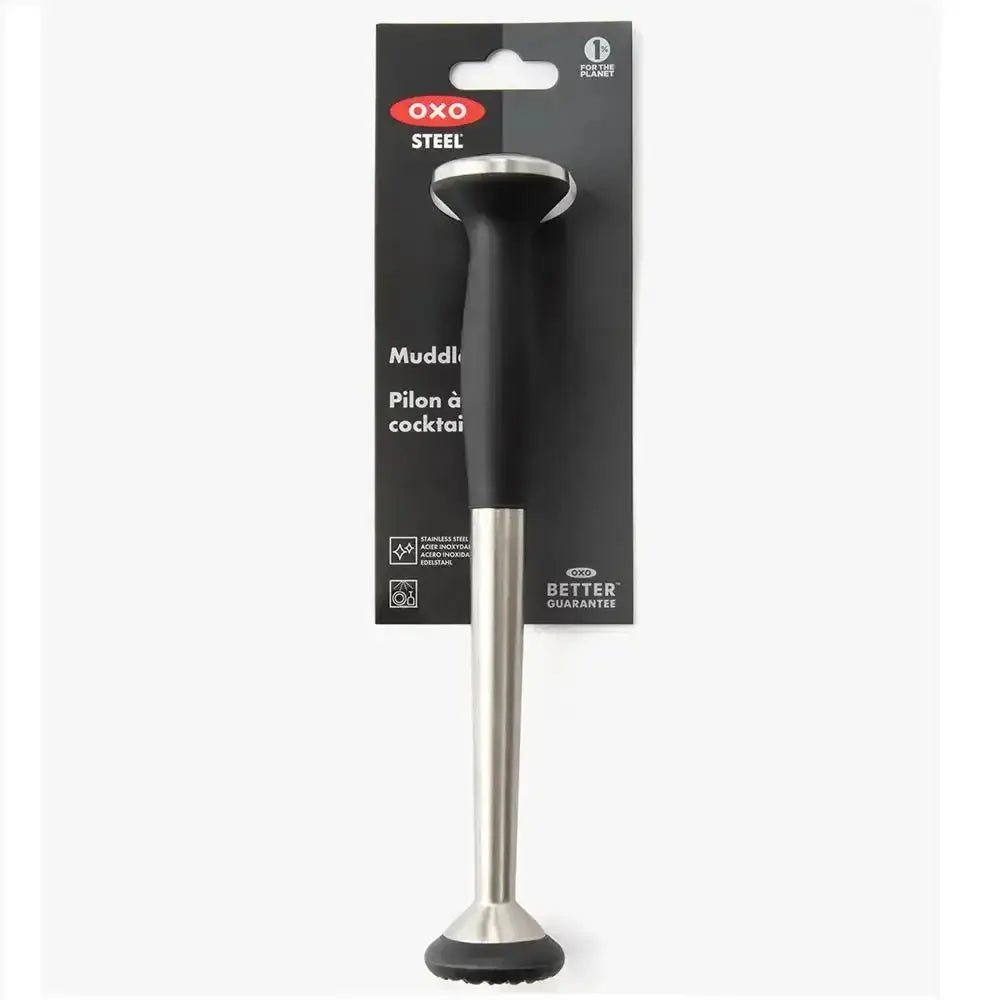 Oxo good grips stainless steel cocktail muddler with black textured grip handle for easy muddling