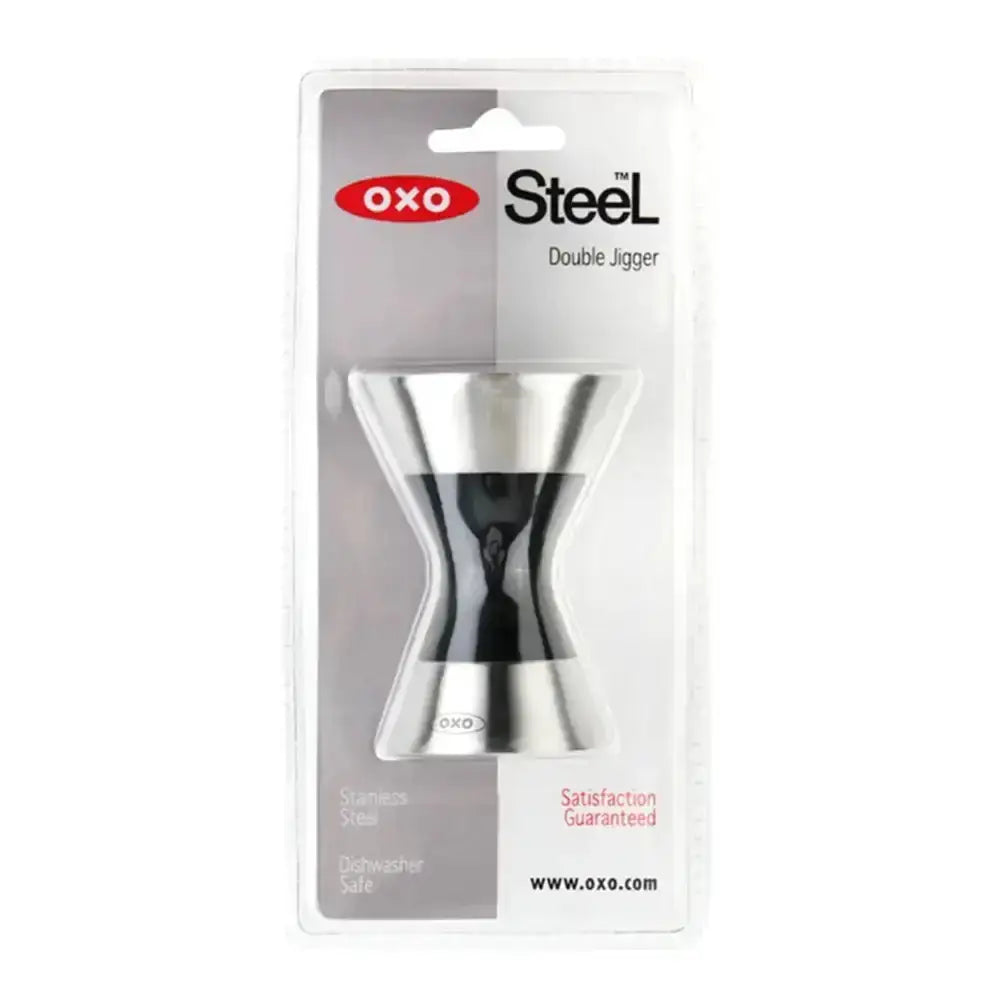 Oxo Steel Double Jigger in packaging on a white background