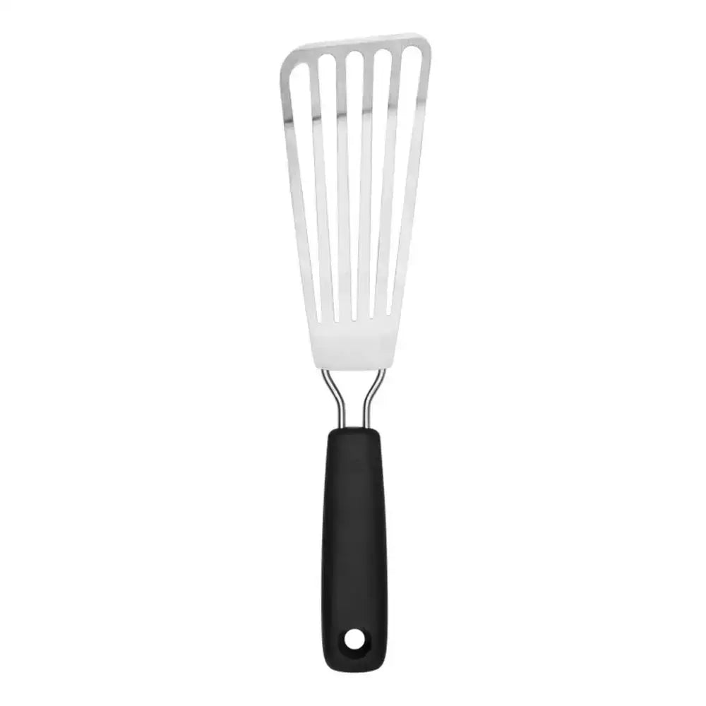 Spatula with black handle on a white background