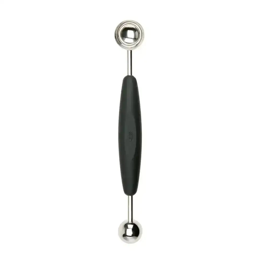 Two-toned kitchen tool with black handle and silver ends on a white background