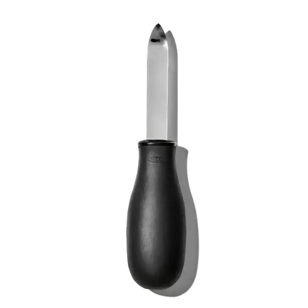 Black handled knife with a metallic blade on a white background