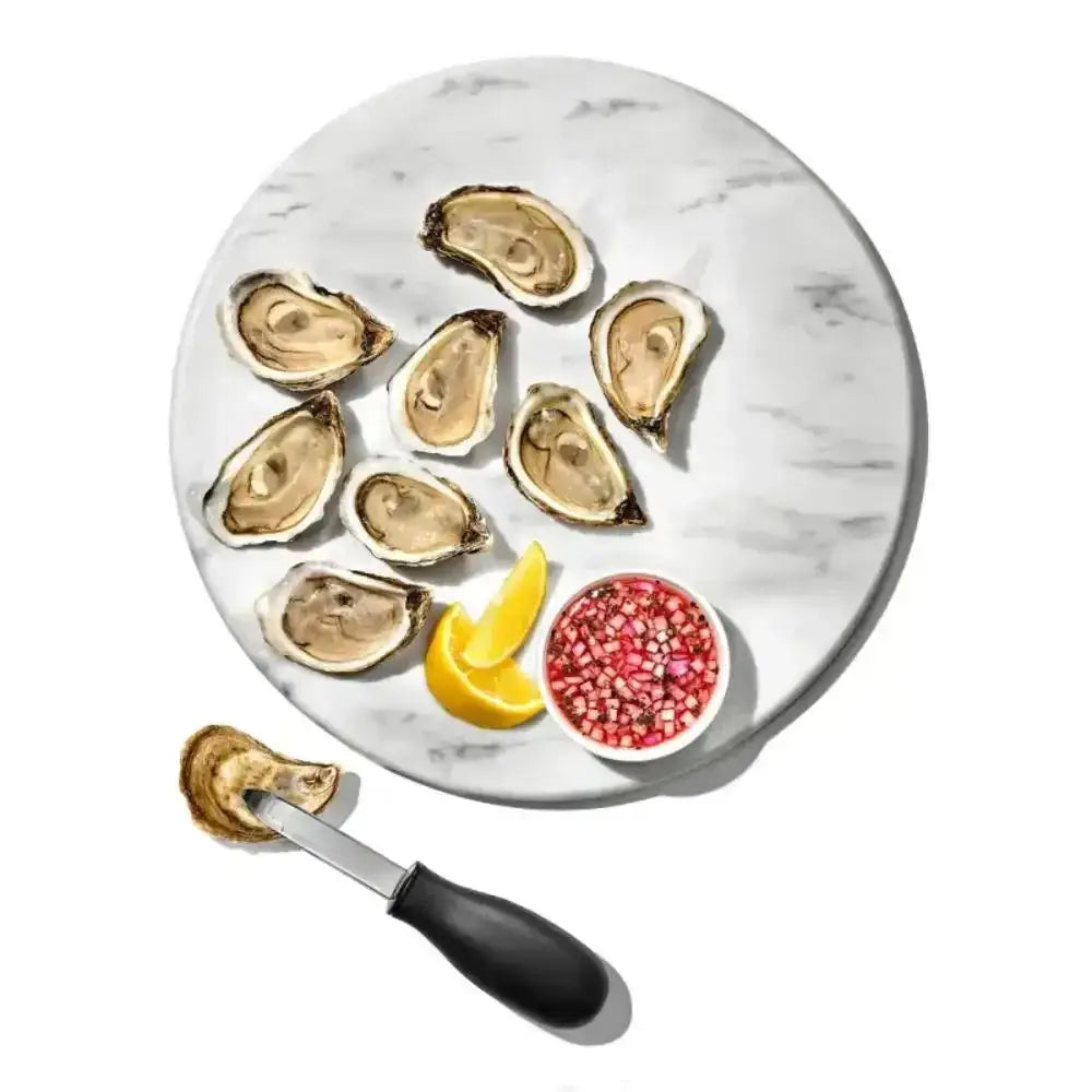 Marble platter with oysters, lemon wedges, and pomegranate seeds on a white background
