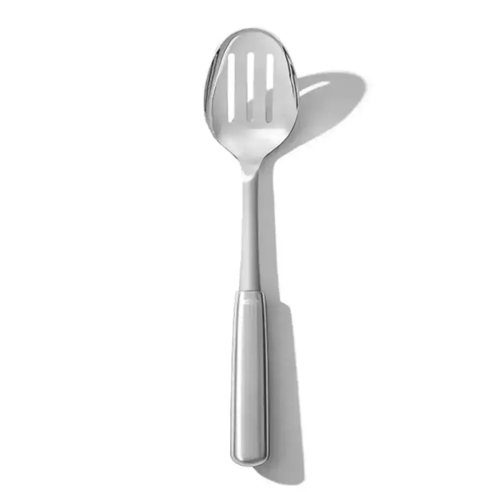 Oxo good grips stainless steel slotted cooking spoon with sleek modern design and three parallel slots in the bowl