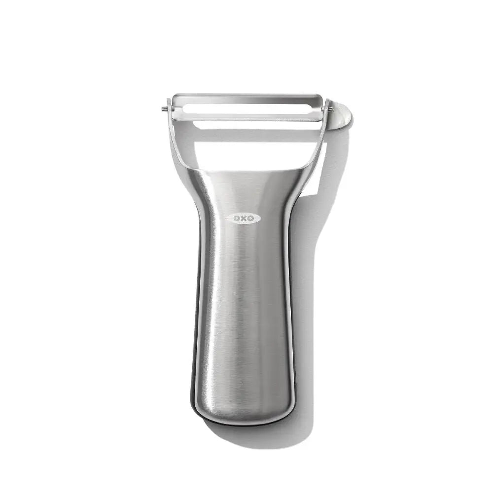 OXO stainless steel vegetable peeler on a white background
