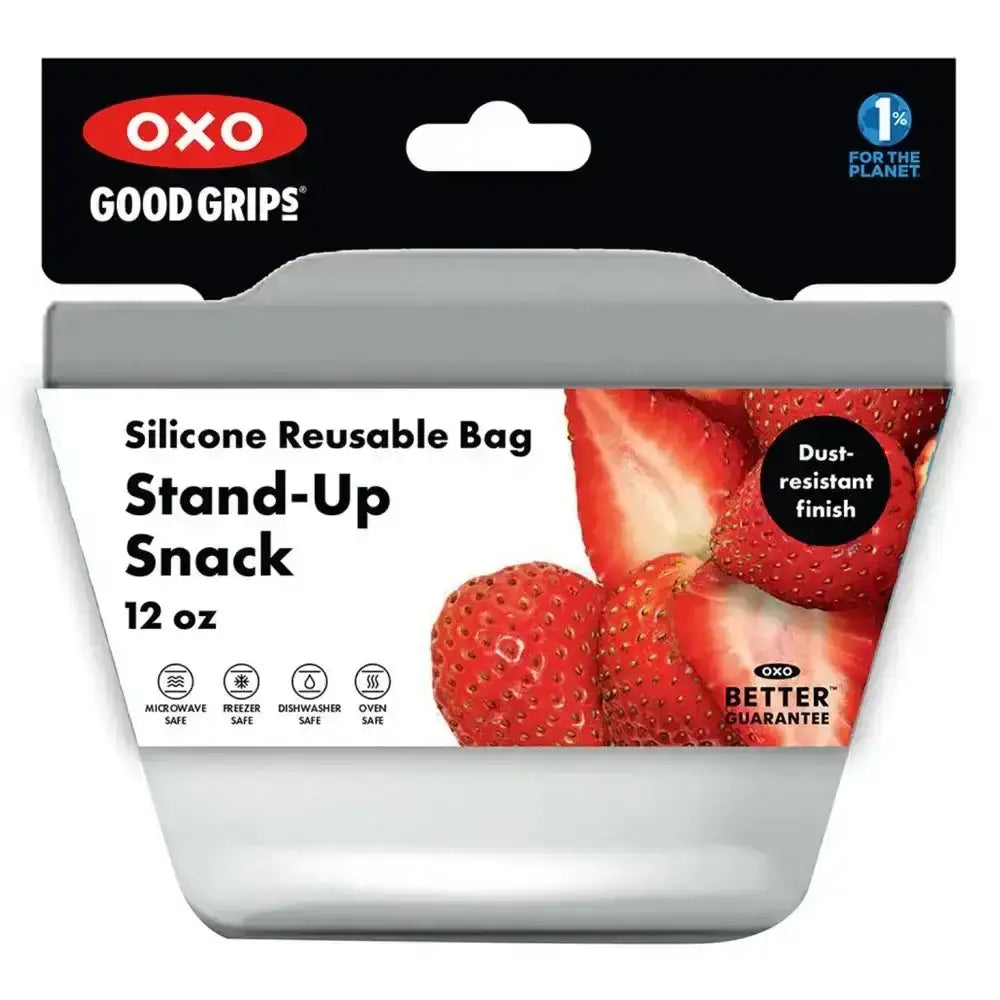 Oxo good grips stand up silicone reusable bag 335ml translucent gray with resealable lid and sturdy handles