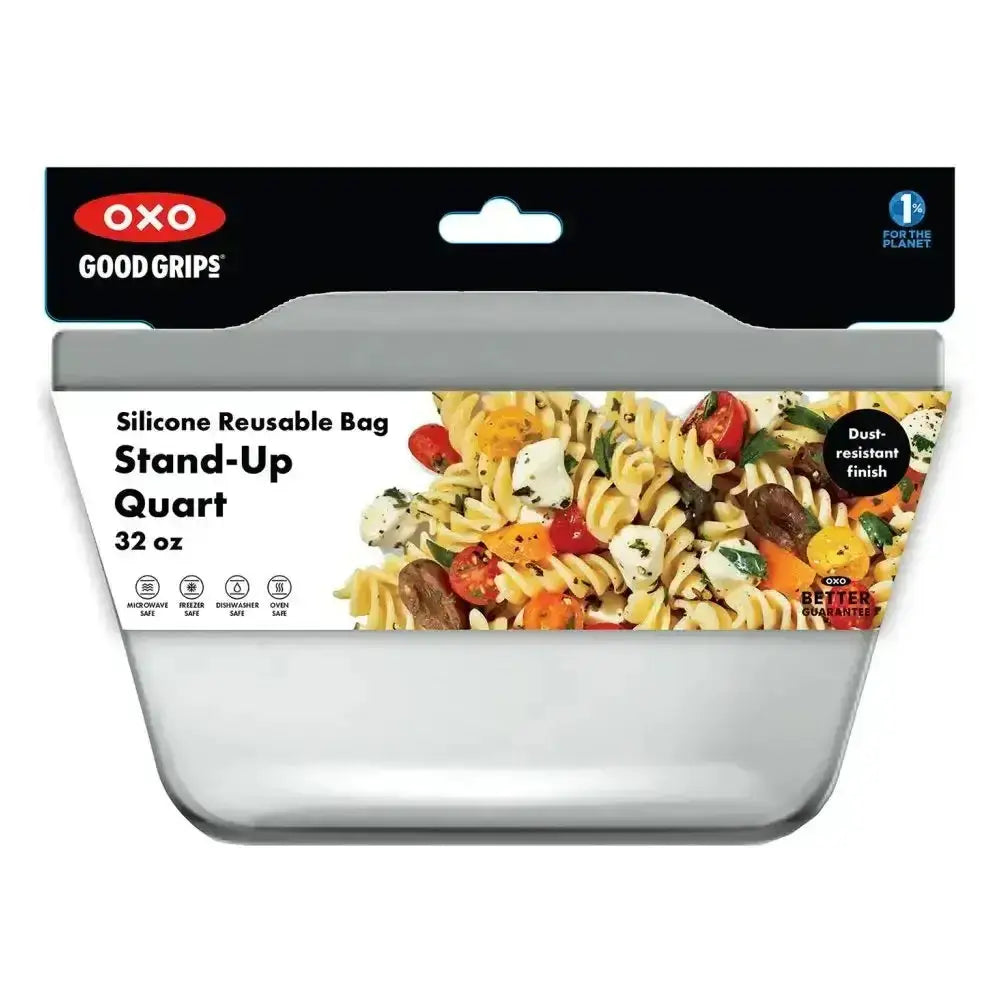 Oxo good grips stand up silicone reusable quart bag 32 oz clear blue with leak-proof seal for storage