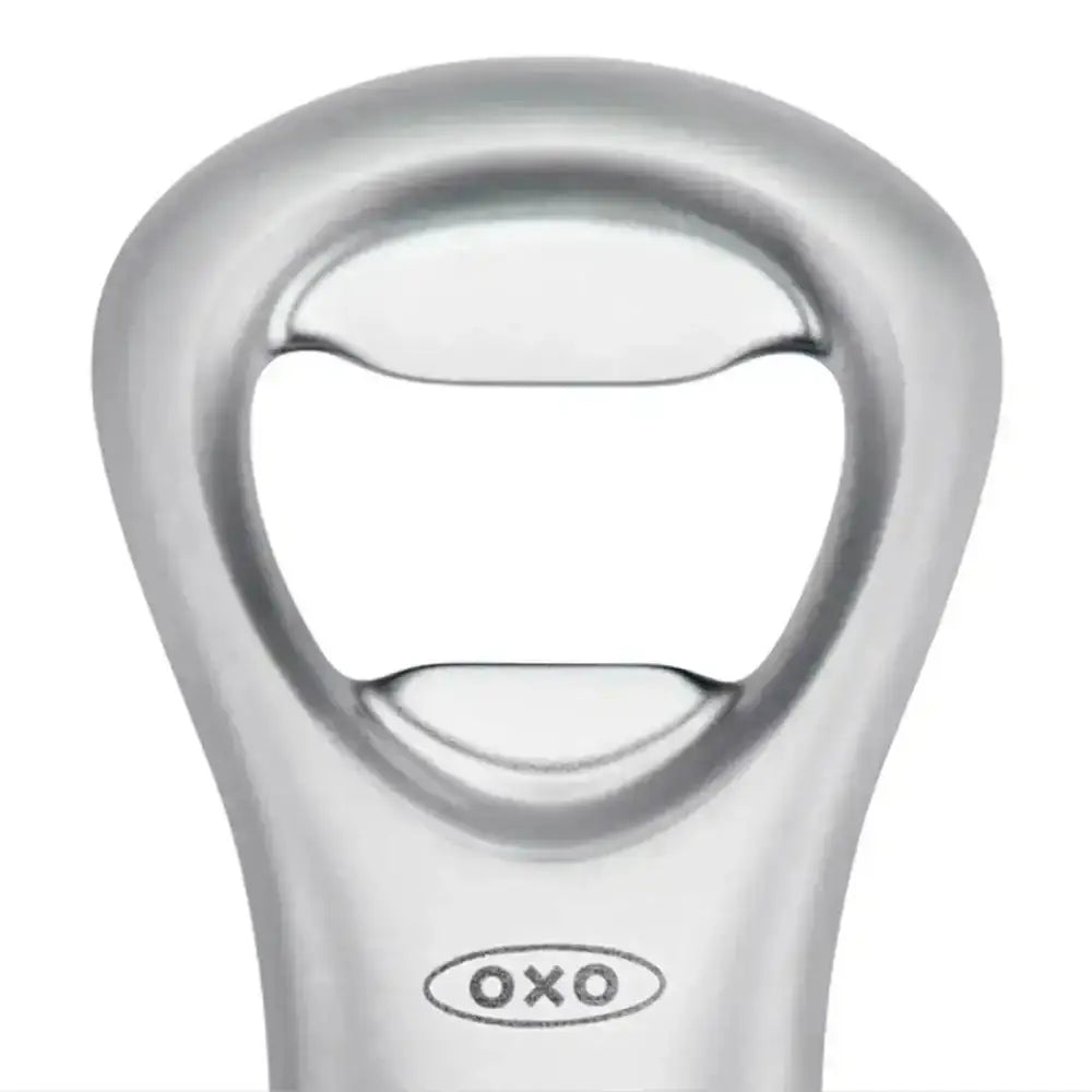 Silver bottle opener with OXO logo on a white background