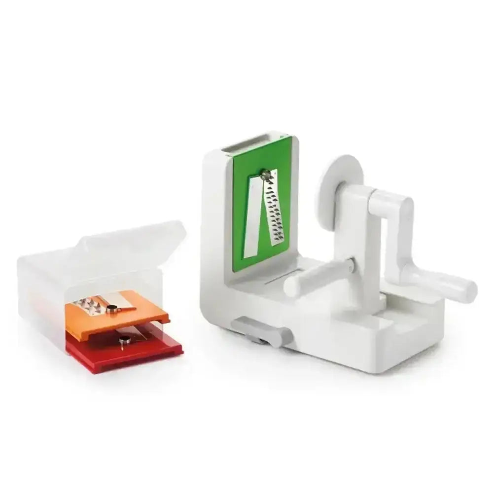 White tabletop spiralizer with red and orange components on a white background