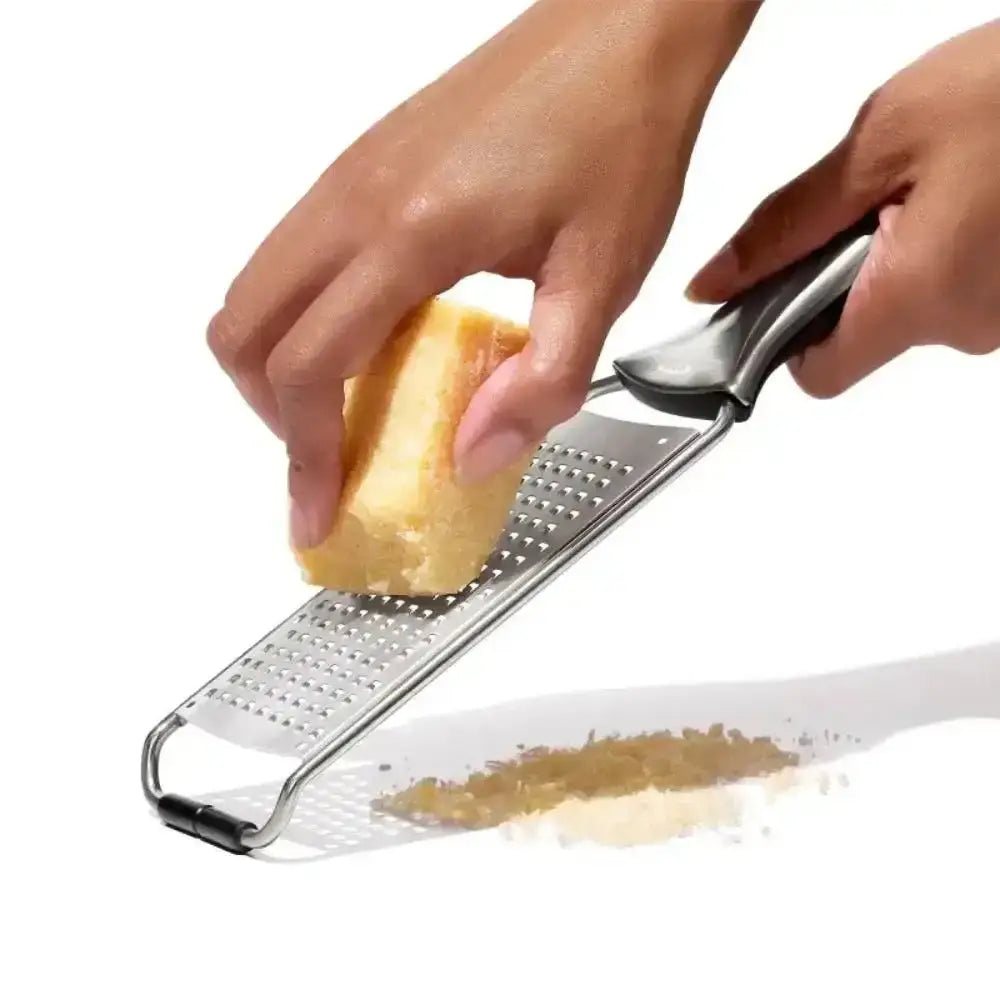 Oxo multipurpose stainless steel etched microplane grater with black ergonomic handle grating hard cheese