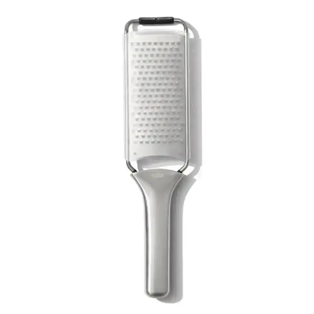 Oxo multipurpose stainless steel etched grater with silver handle white perforated metal body and black plastic top