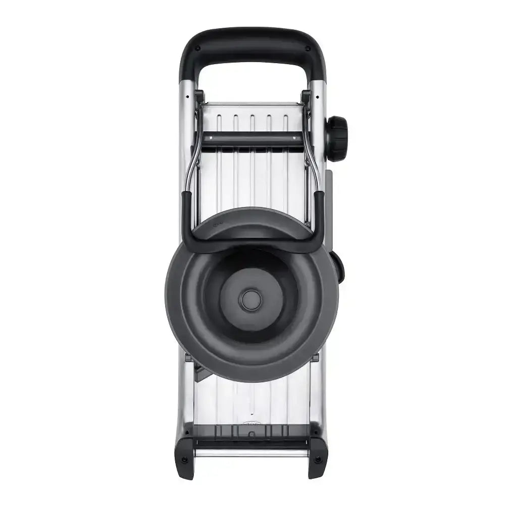 Oxo stainless steel chefs mandoline slicer 2.0 with black and silver manual hand pump and adjustable height mechanism
