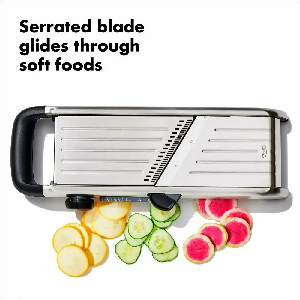 Oxo stainless steel chefs mandoline slicer 2.0 in silver and black with a serrated blade for precise slicing