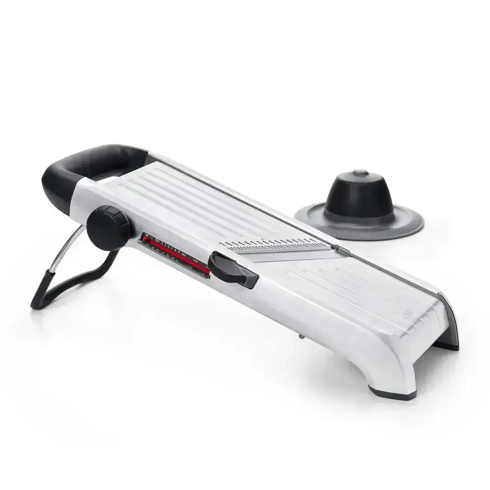 Oxo stainless steel chef’s mandoline slicer 2.0 with white black body and red accent strip for precise slicing