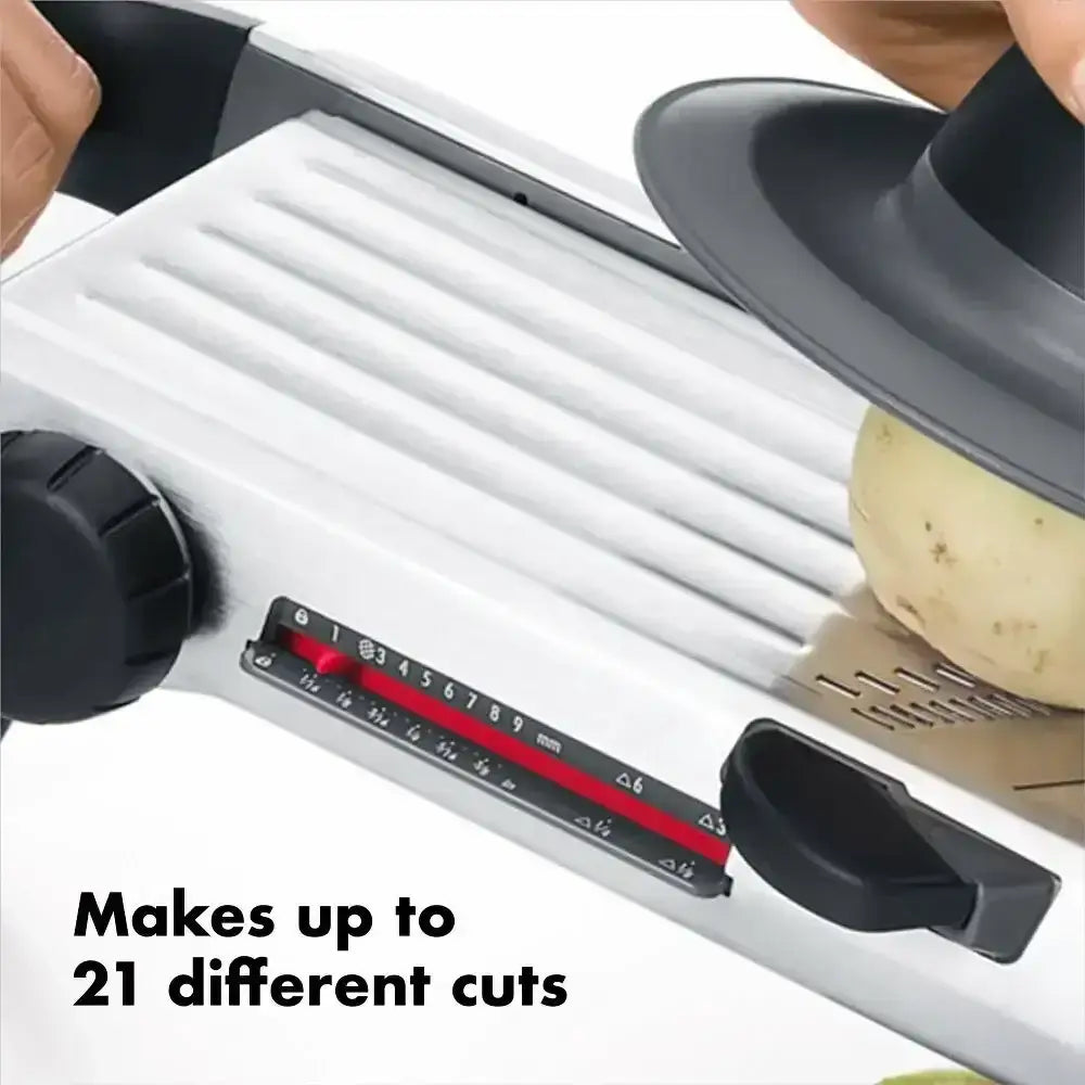 OXO stainless steel chef’s mandoline slicer 2.0 in white and black with adjustable blades for uniform precise cuts