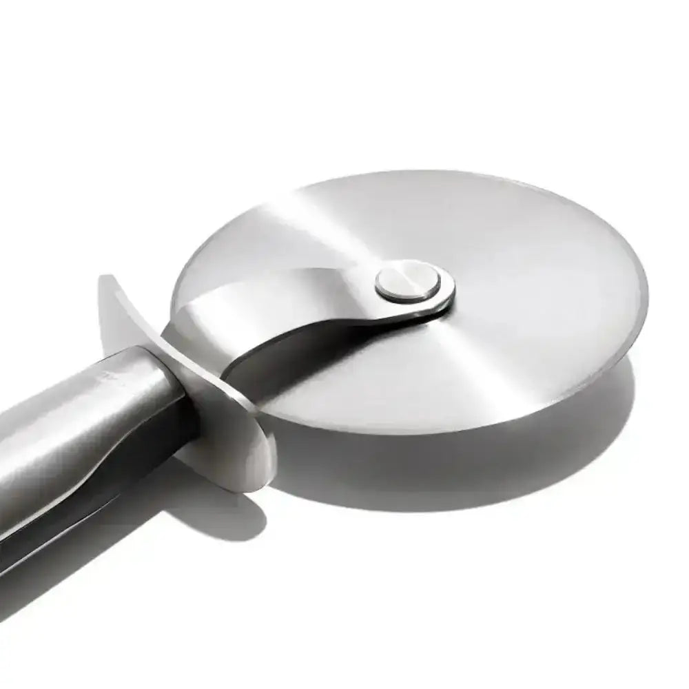 Oxo stainless steel pizza cutting wheel with sleek circular blade and ergonomic handle for easy slicing