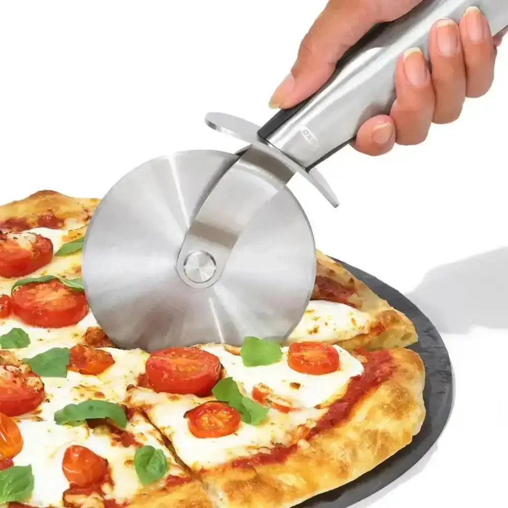 Oxo stainless steel pizza cutting wheel with sleek polished finish and ergonomic handle for easy slicing