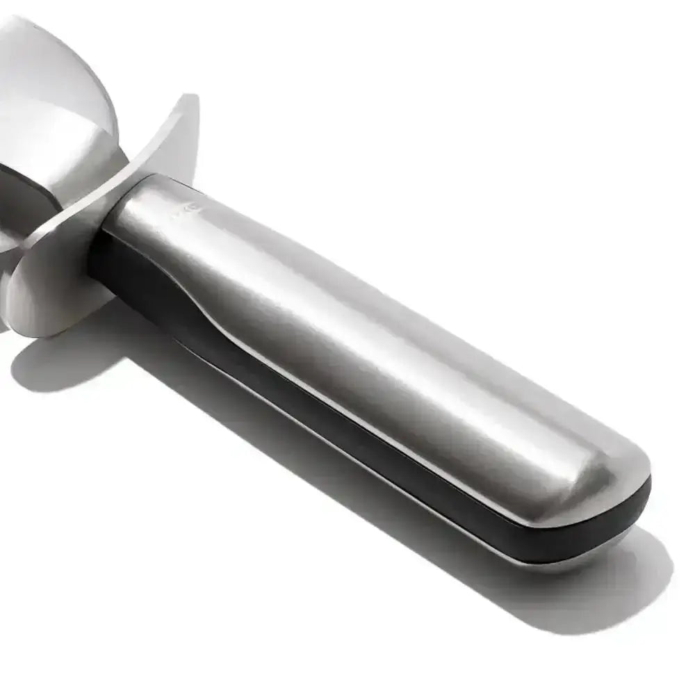 Oxo stainless steel pizza cutting wheel with polished stainless steel scoop and black rubberized grip handle